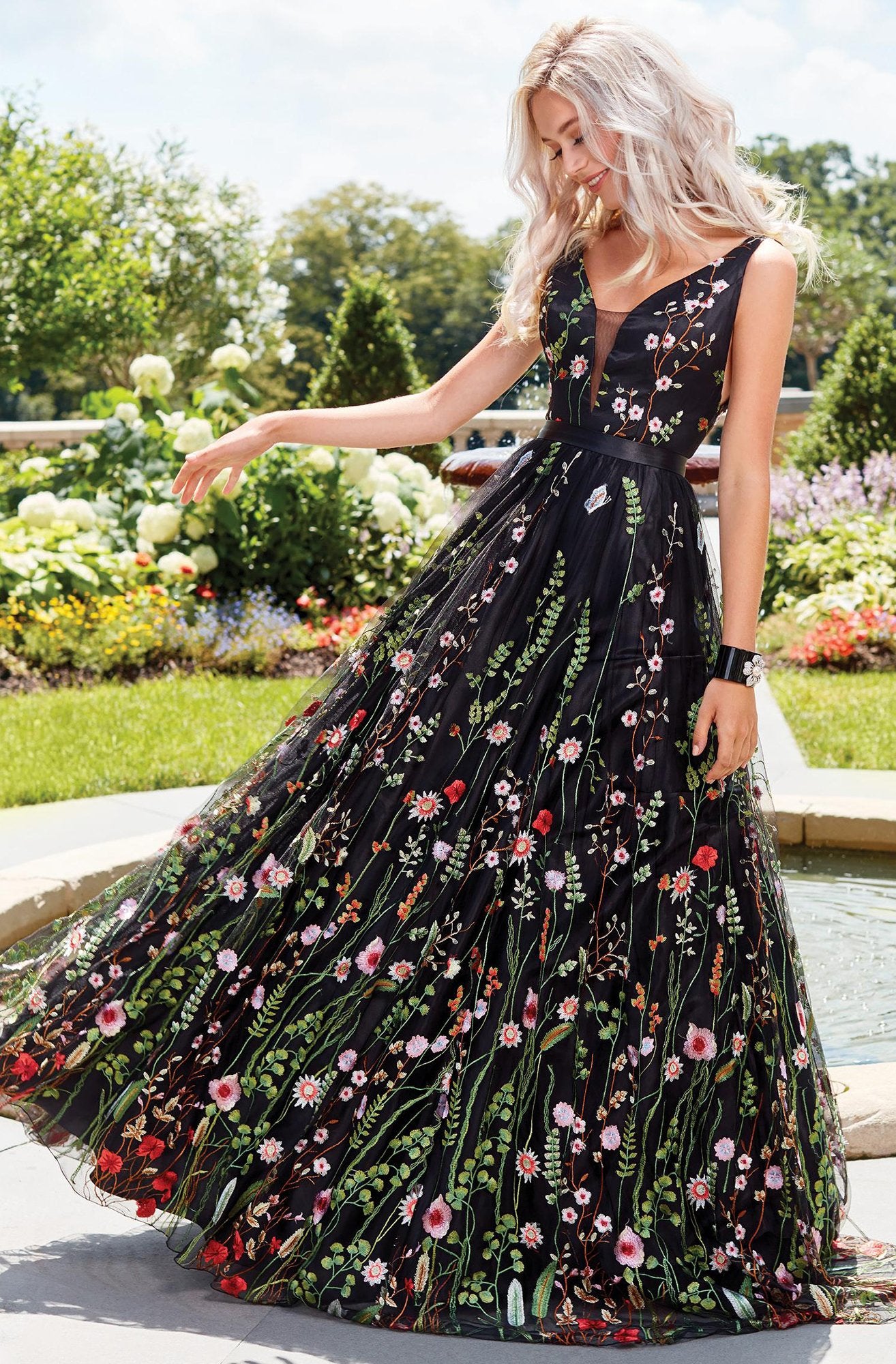 Clarisse - Plunging V-Neck Floral Tulle A-Line Gown 3565 In Black and Multi-Color