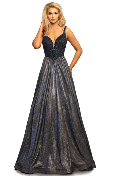 Johnathan Kayne - 2069 Embellished Deep V-neck A-line Dress In Blue and Silver