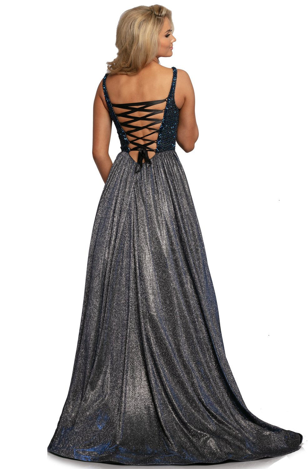 Johnathan Kayne - 2069 Embellished Deep V-neck A-line Dress In Blue and Silver
