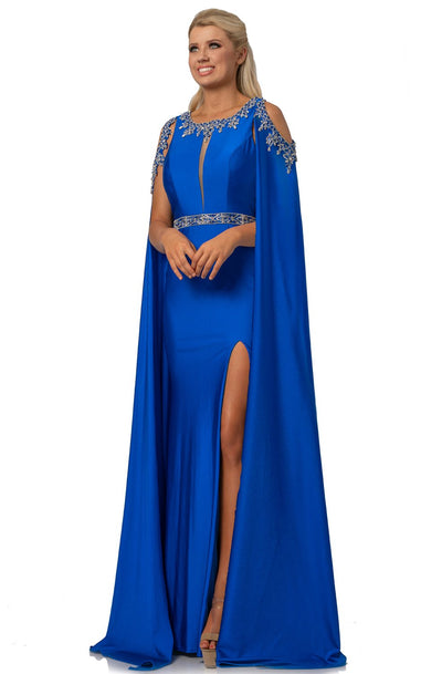 Johnathan Kayne - 2075 Embellished Scoop Sheath Dress With Cape In Blue