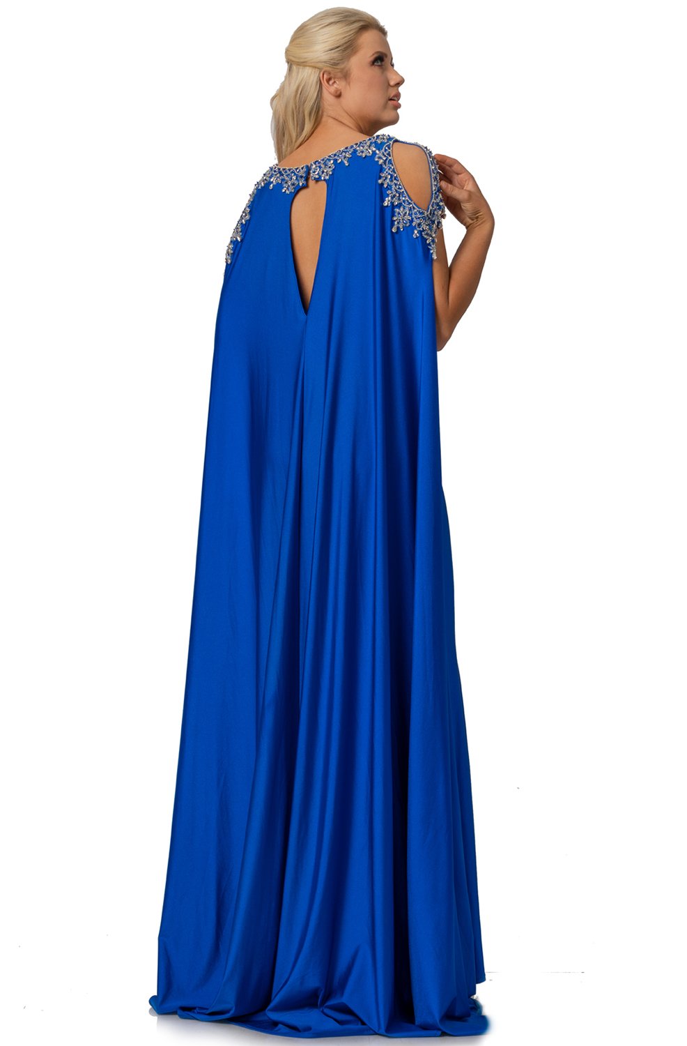 Johnathan Kayne - 2075 Embellished Scoop Sheath Dress With Cape In Blue