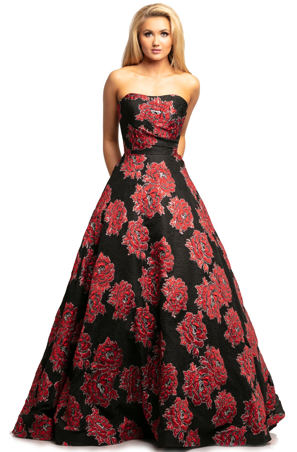 Johnathan Kayne - 2078 Floral Brocade Strapless Ballgown In Black and Red