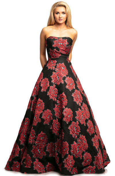 Johnathan Kayne - 2078 Floral Brocade Strapless Ballgown In Black and Red