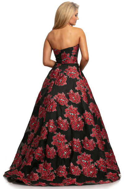 Johnathan Kayne - 2078 Floral Brocade Strapless Ballgown In Black and Red