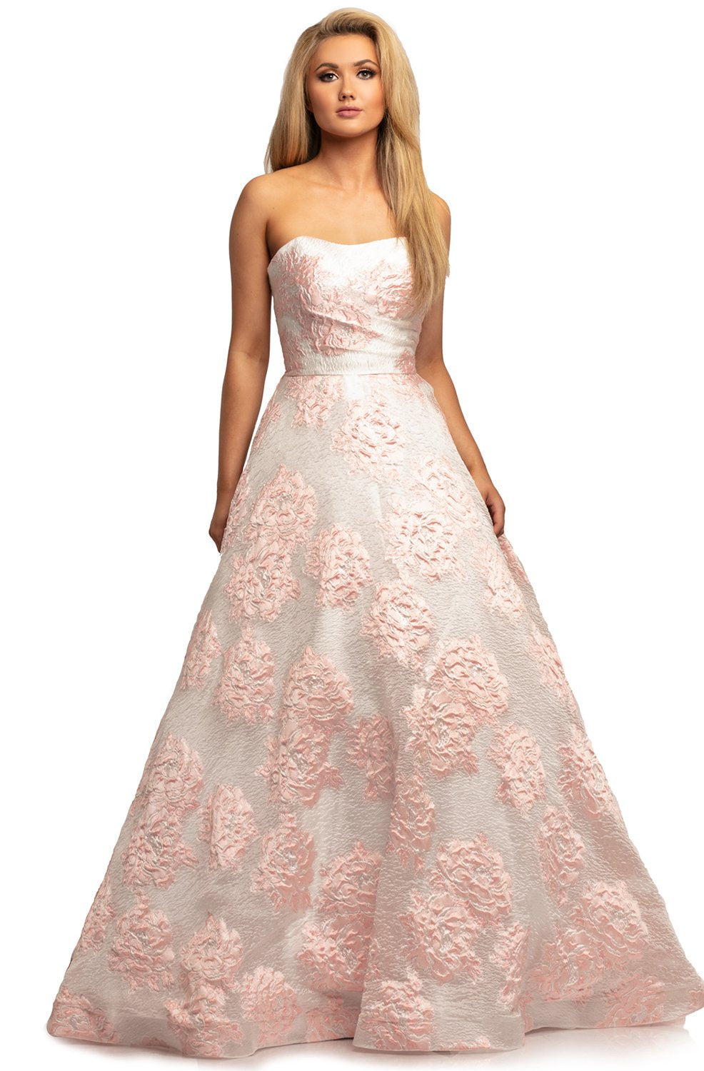 Johnathan Kayne - 2078 Floral Brocade Strapless Ballgown In White and Pink