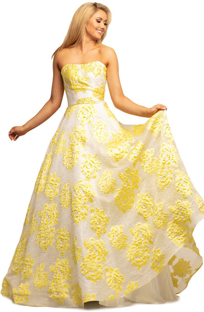 Johnathan Kayne - 2078 Floral Brocade Strapless Ballgown In White and Yellow