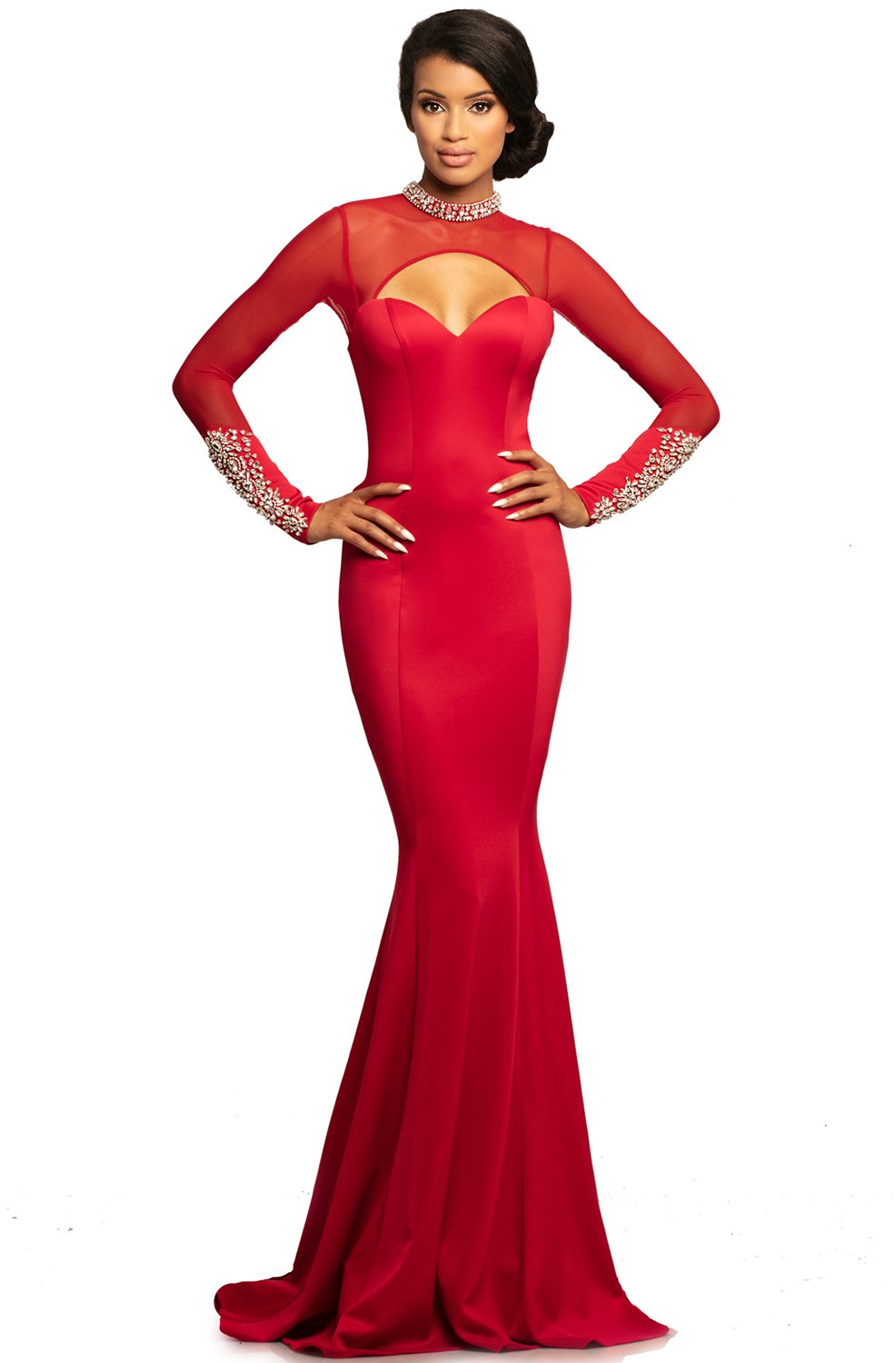 Johnathan Kayne - 2082 Embellished High Neck Mermaid Dress With Train In Red