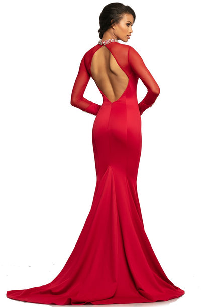 Johnathan Kayne - 2082 Embellished High Neck Mermaid Dress With Train In Red