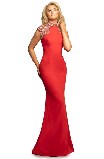 Johnathan Kayne - 2089 Embellished High Neck Trumpet Dress In Red