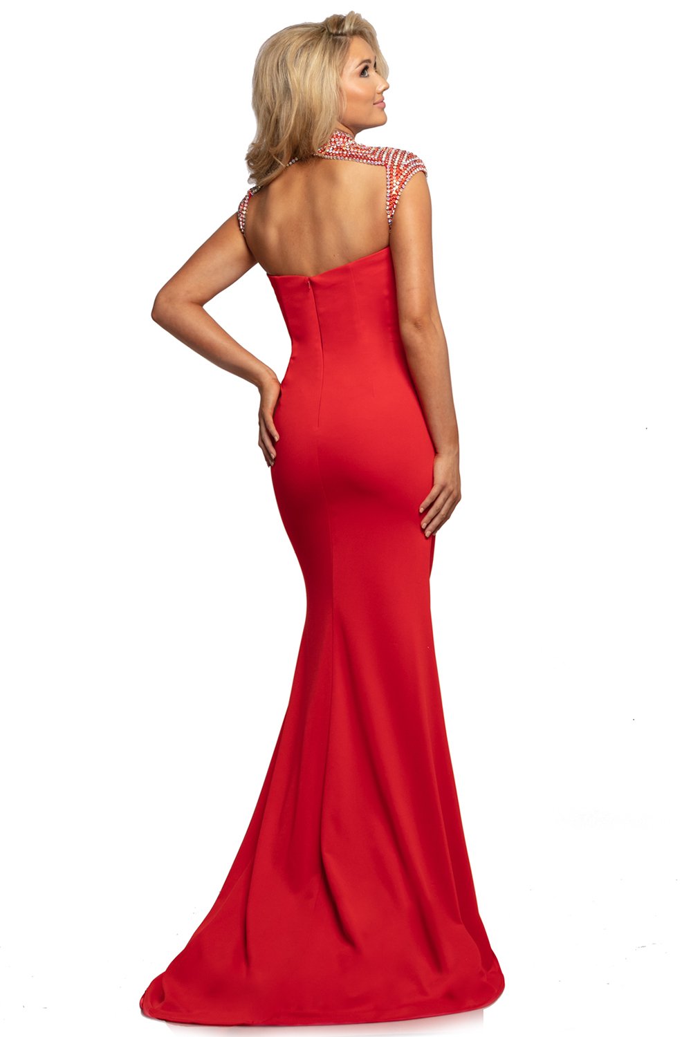 Johnathan Kayne - 2089 Embellished High Neck Trumpet Dress In Red