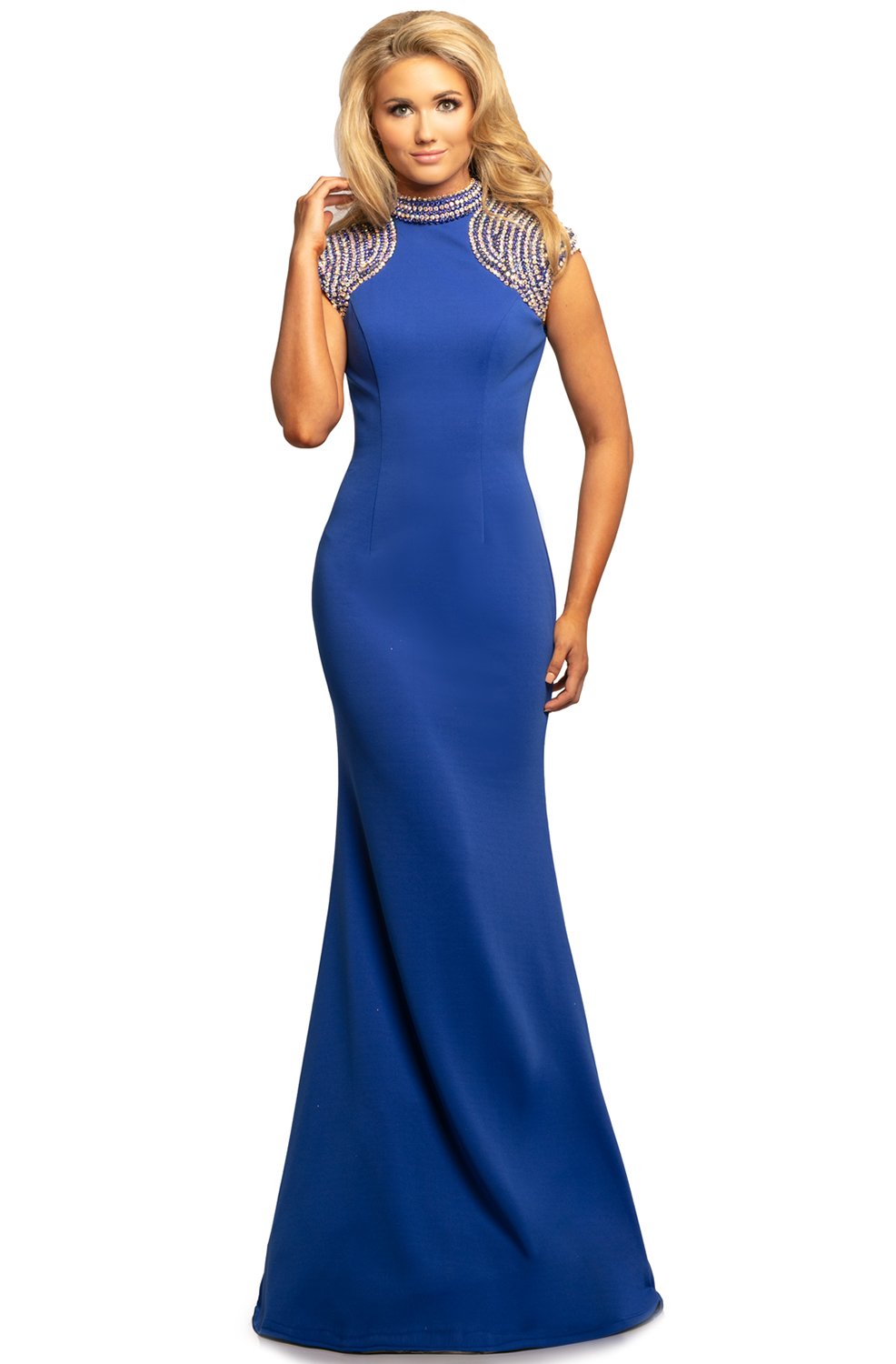 Johnathan Kayne - 2089 Embellished High Neck Trumpet Dress In Blue