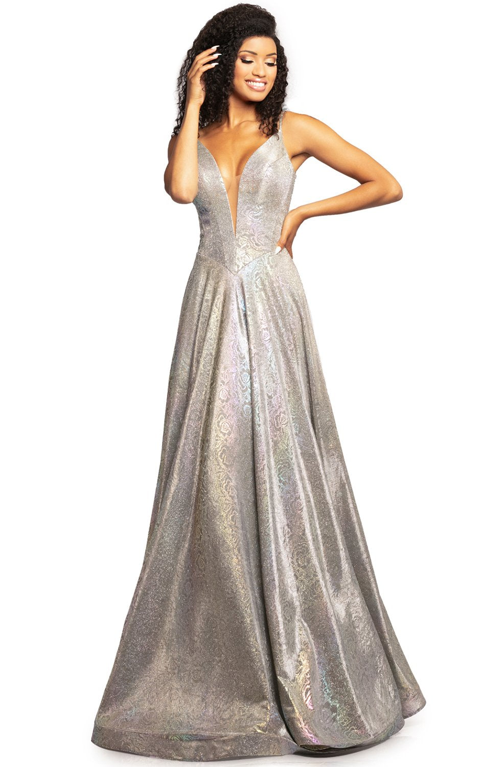 Johnathan Kayne - 2094 Metallic Floral A-Line Evening Gown In Silver