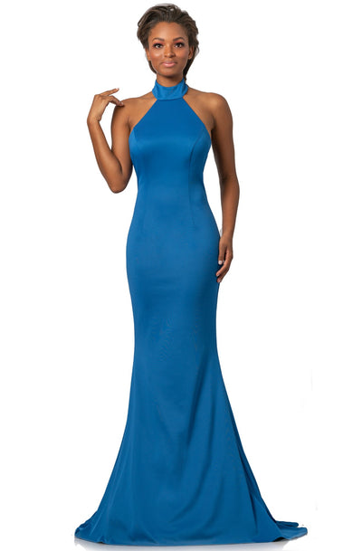 Johnathan Kayne - 2096 High Halter Neck Trumpet Dress With Train In Blue