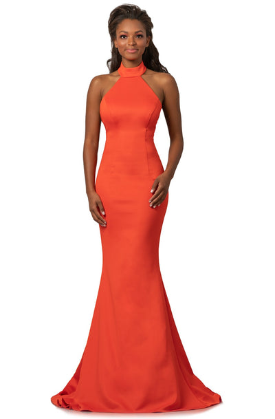 Johnathan Kayne - 2096 High Halter Neck Trumpet Dress With Train In Orange