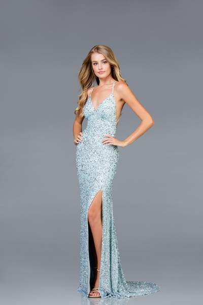 SCALA - Allover Sequin Backless Sheath Evening Gown with Slit48938 In Blue and Silver