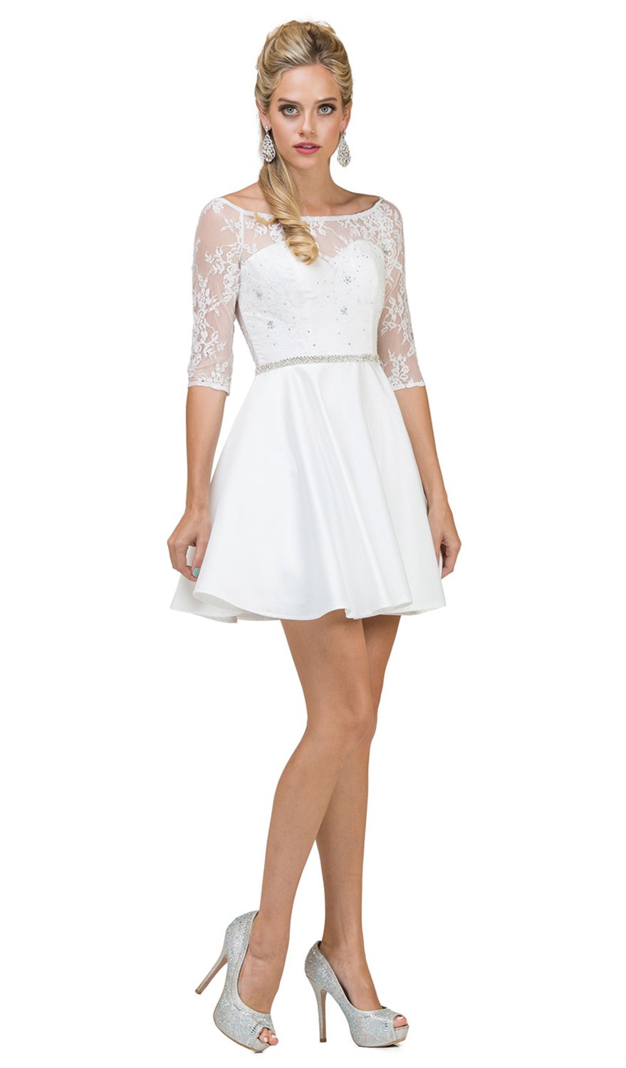 Dancing Queen - 2112 Beaded Sheer Lace Quarter Sleeve Satin Dress In White