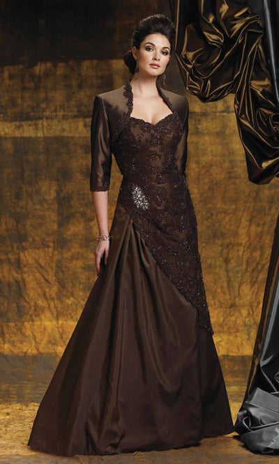 Montage by Mon Cheri - 211945 Beaded Embroider A-Line Dress In Brown