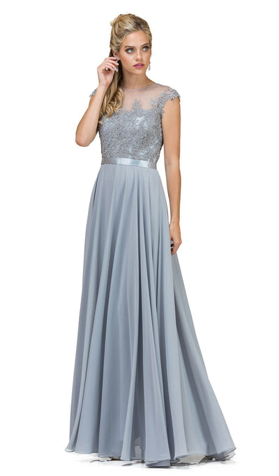 Dancing Queen - 2121 Sheer Floral A Line Evening Gown In Silver