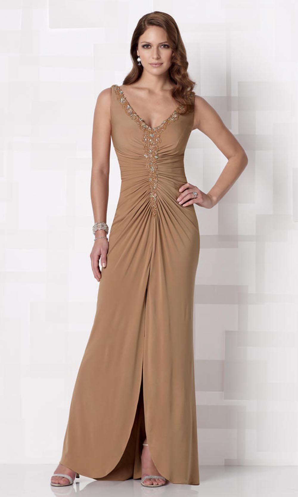 Cameron Blake by Mon Cheri - 212686 Pleated V Neck Dress with Slit In Brown