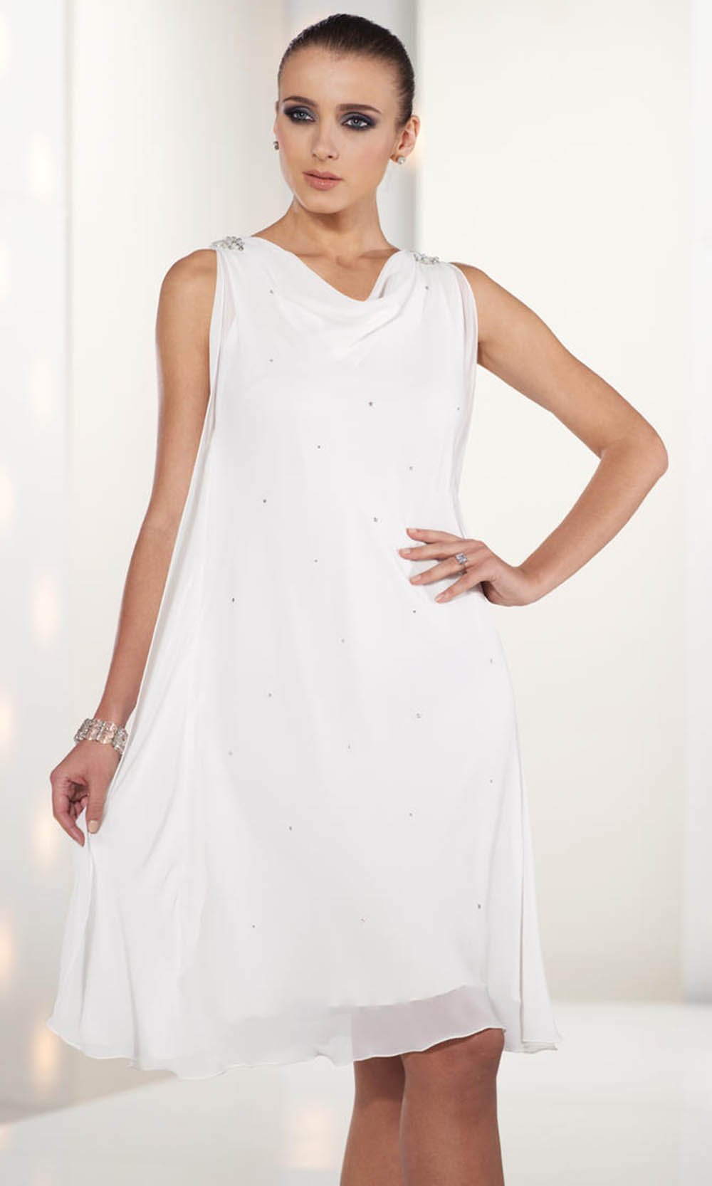 Social Occasions by Mon Cheri - 212829 Cowl A-Line Cocktail Dress In White