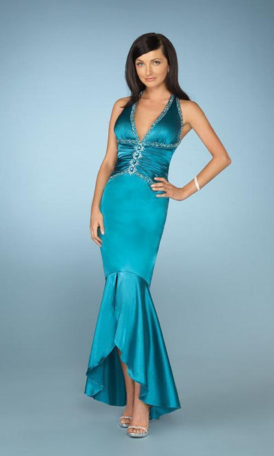 La Femme - 12278 V Neck Halter Neck High Low Mermaid Prom Dress in Blue and Green
