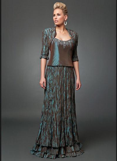 Daymor Couture - Beaded Crinkled Long Gown with Bolero 213 In Blue