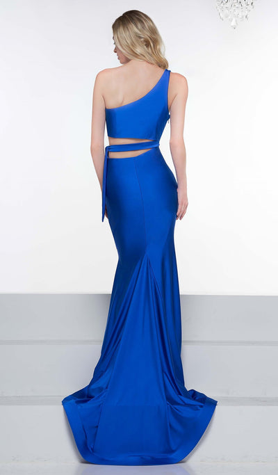 Colors Dress - 2137 Asymmetrical Exposed Midriff High Slit Gown In Blue