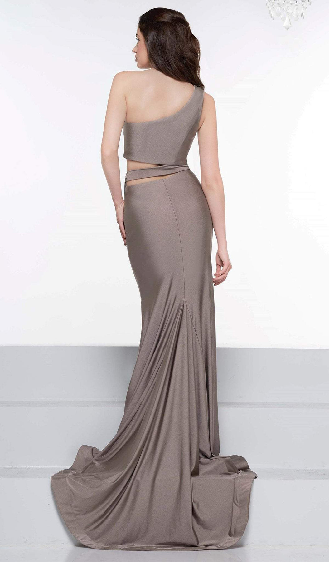 Colors Dress - 2137 Asymmetrical Exposed Midriff High Slit Gown In Brown and Gray