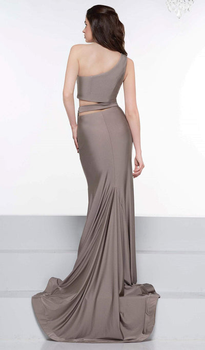 Colors Dress - 2137 Asymmetrical Exposed Midriff High Slit Gown In Brown and Gray