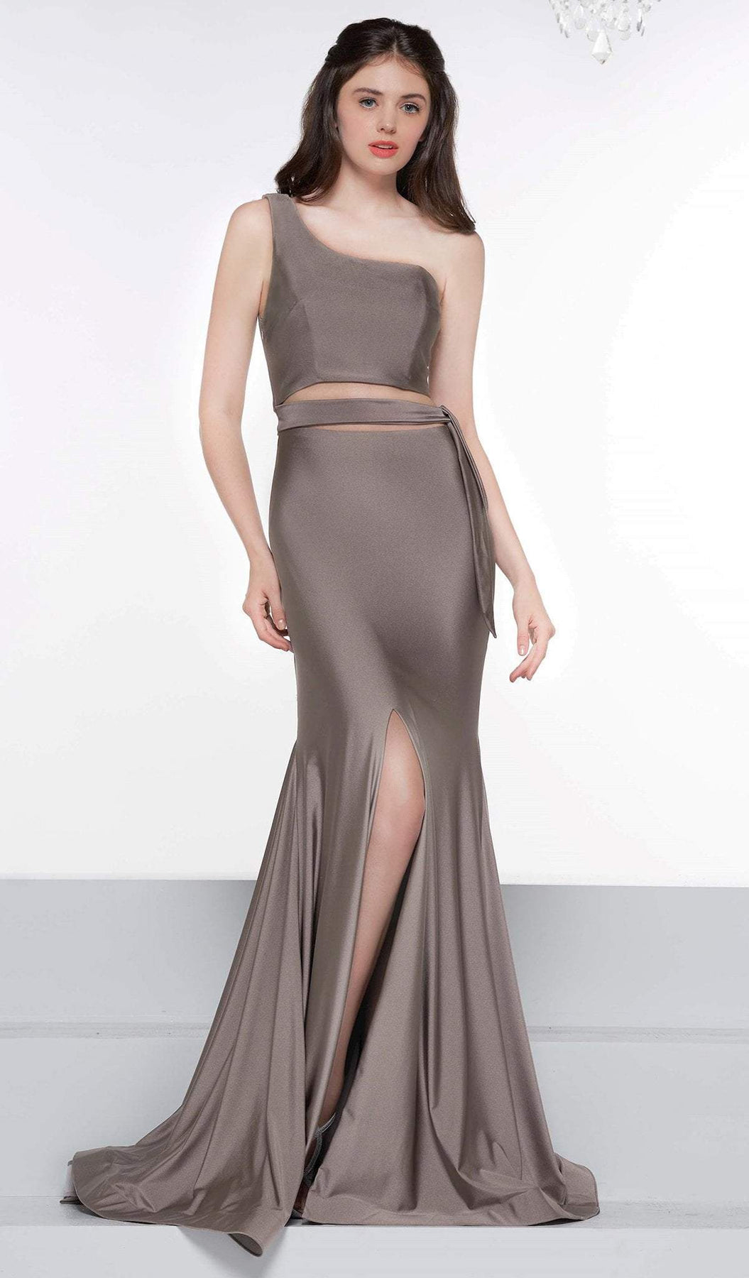 Colors Dress - 2137 Asymmetrical Exposed Midriff High Slit Gown In Brown and Gray