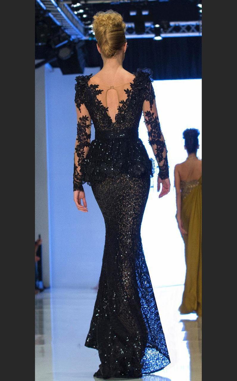 MNM Couture - 2138 Vine Appliqued Peplum Gown in Black