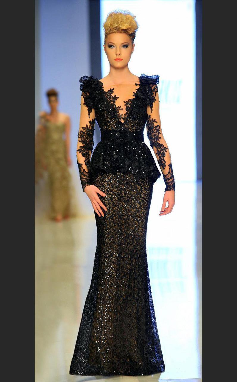 MNM Couture - 2138 Vine Appliqued Peplum Gown in Black