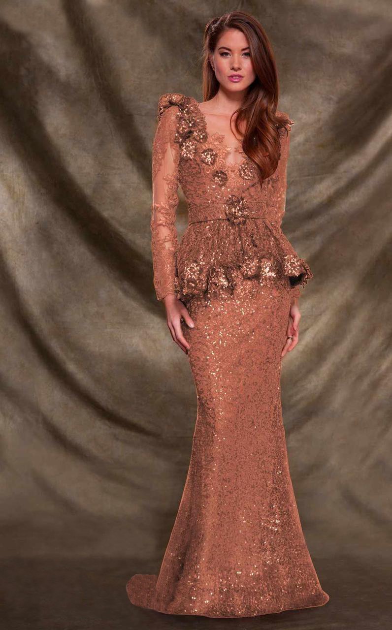 MNM Couture - 2138 Vine Appliqued Peplum Gown in Pink