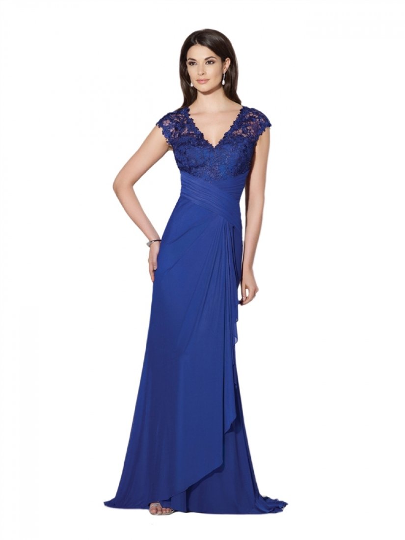 Mon Cheri - V-Neck Lace Ruched Dress in Blue
