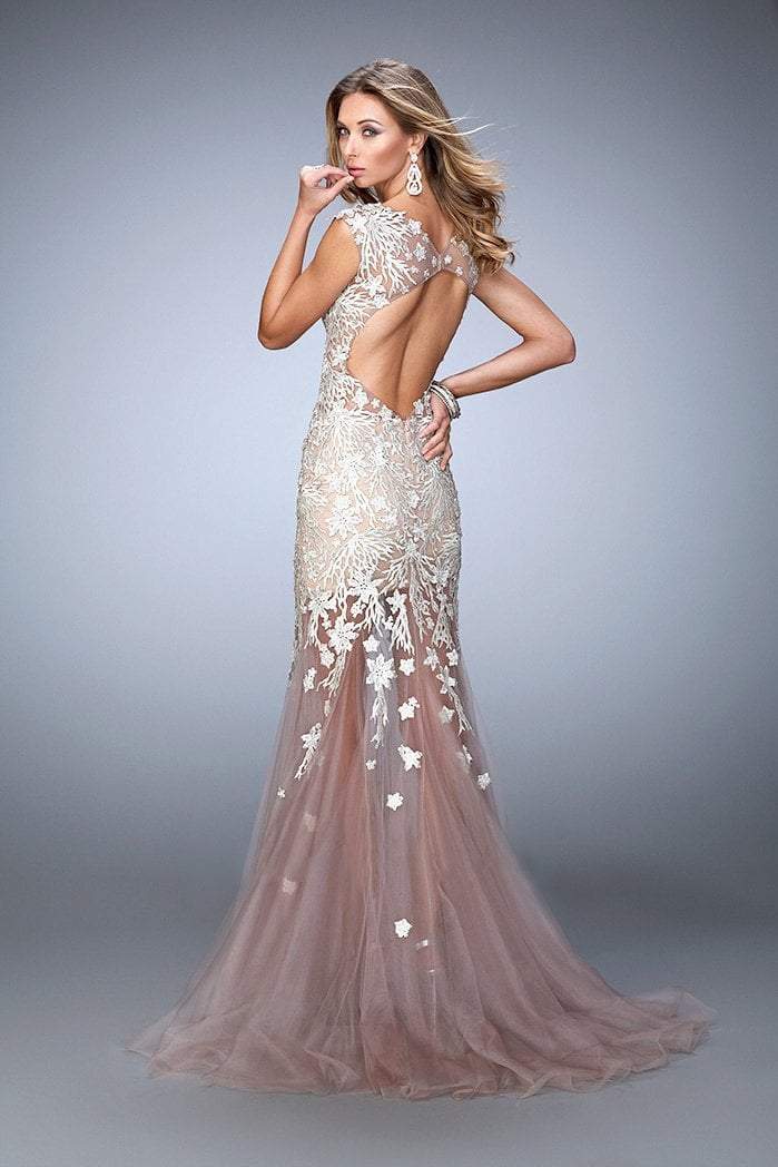 La Femme - 21565 Enchanting Lacy Illusion Mermaid Gown In Silver