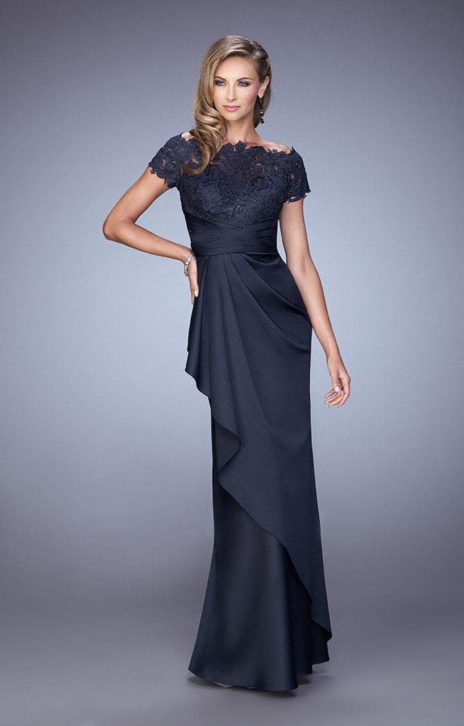 La Femme - Lace Ruched Ruffled Accented Evening Dress in Blue