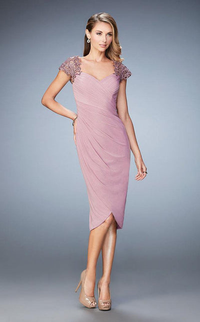La Femme - 21648 Embellished Cap Sleeve Ruched Jersey Dress In Mauve