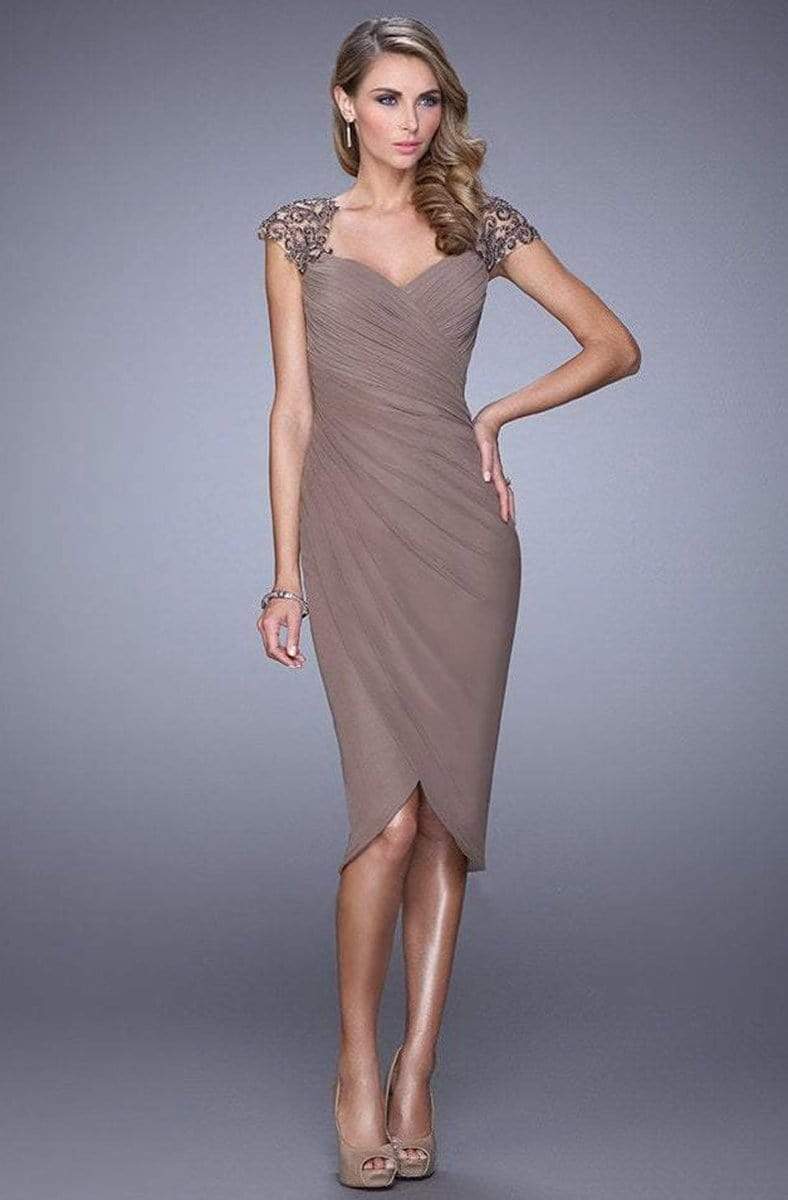 La Femme - 21648 Embellished Cap Sleeve Ruched Jersey Dress In Taupe