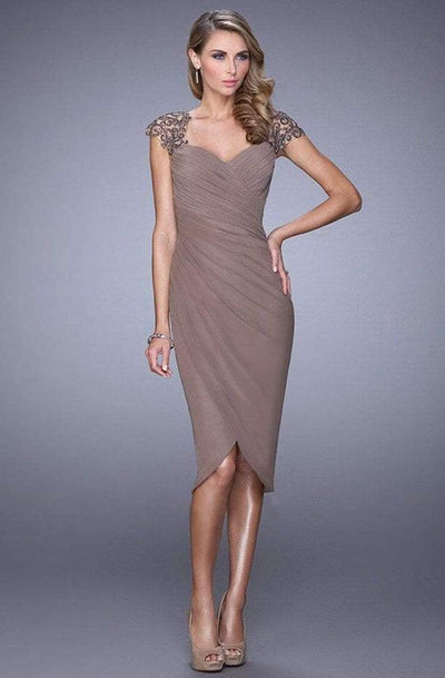 La Femme - 21648 Embellished Cap Sleeve Ruched Jersey Dress In Taupe