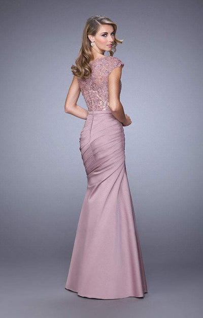 La Femme - Lace V-neck Satin Mermaid Gown 21669 in Purple