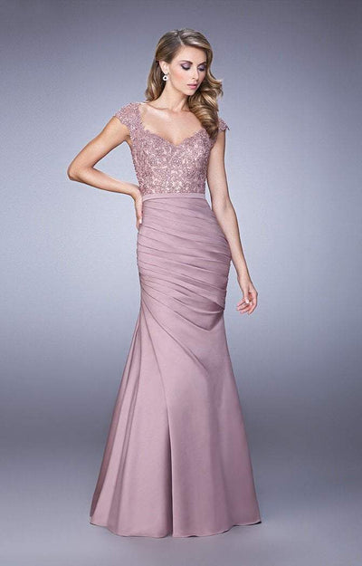 La Femme - 21669 Charming Lace and Satin Mermaid Gown In Pink and Purple