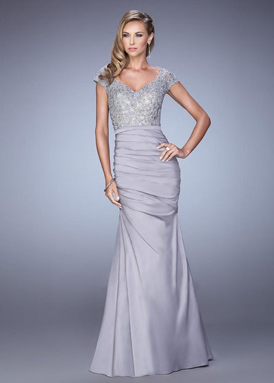 La Femme - Lace V-neck Satin Mermaid Gown 21669 in Silver
