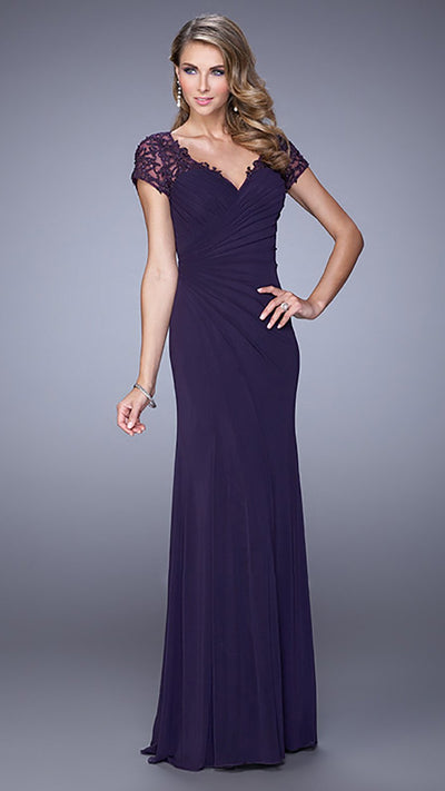 La Femme - 21690SC Lace Short Sleece Pleated Bodice Long Dress