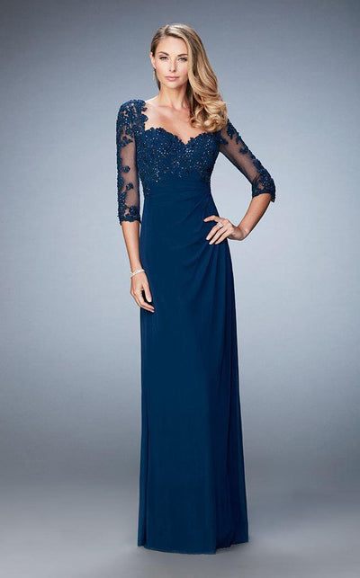 La Femme Illusion Lace Quarter Sleeve Draped Gown 21750 in Blue