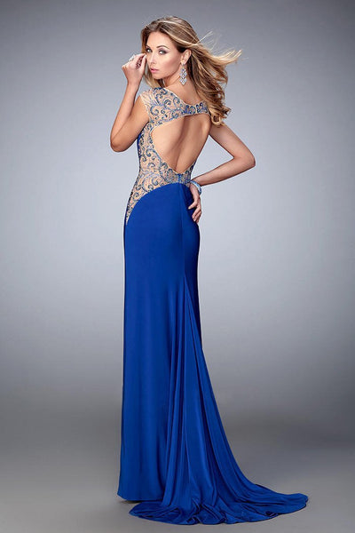 La Femme - 21818 Embellished Bateau Sheath Dress In Blue