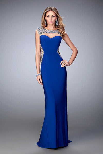 La Femme - 21818 Embellished Bateau Sheath Dress In Blue