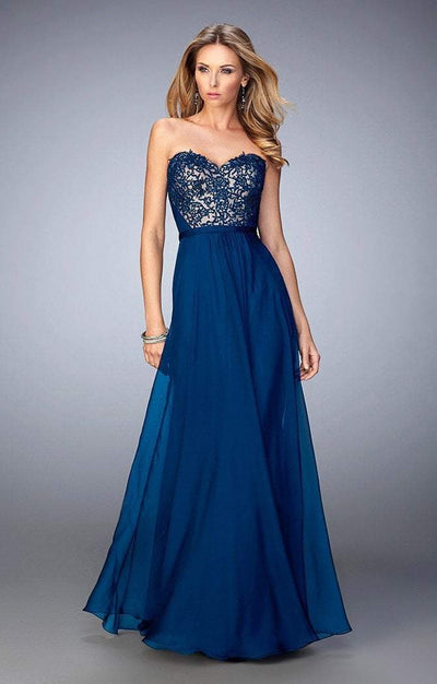 La Femme - 21820 Lace Chiffon A-line Dress in Blue