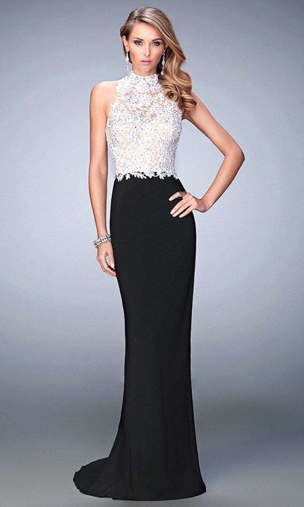 La Femme - Two-toned Lacy Evening Gown 21837SC In Black and White