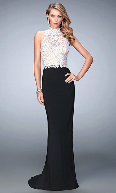 La Femme - Two-toned Lacy Evening Gown 21837SC In Black and White