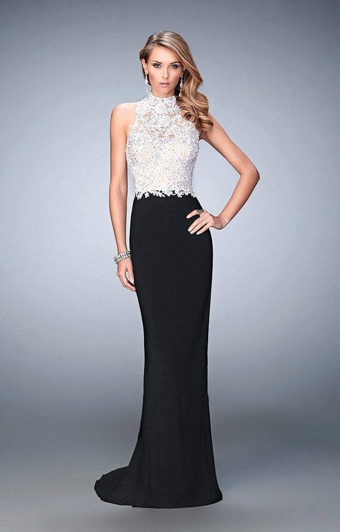 La Femme - 21837 Two-toned Lacy Evening Gown In Black and White